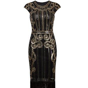 VIJIV 1920s Vintage Inspired Sequin Embellished Fringe Long Gatsby Flapper Dress